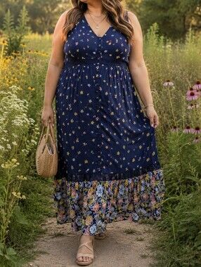 Torrid Plus Size Navy Floral Maxi Dress Yellow White Ditsy Print Button Front